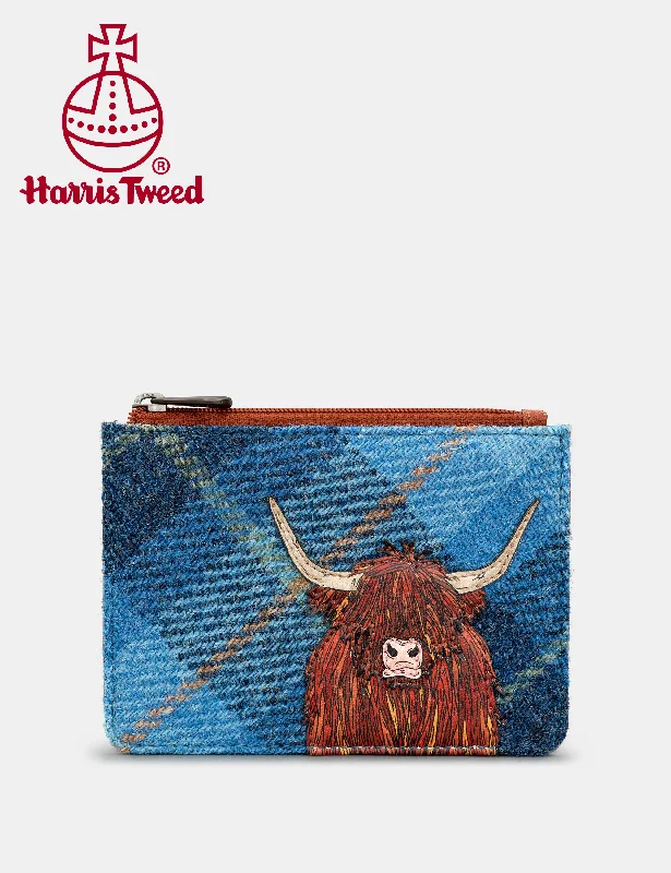 Highland Cow Harris Tweed & Leather Zip Top Purse