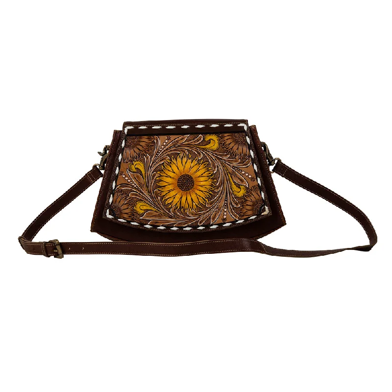 Showy Sunflower Trapezoid Hand-Tooled Bag