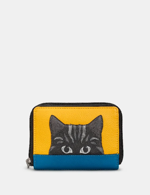 Cat Colour Block Leather Compact Zip Round Purse