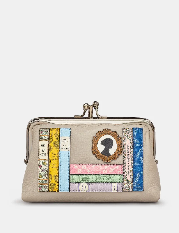 Jane Austen Bookworm Warm Grey Leather Aubrey Frame Purse