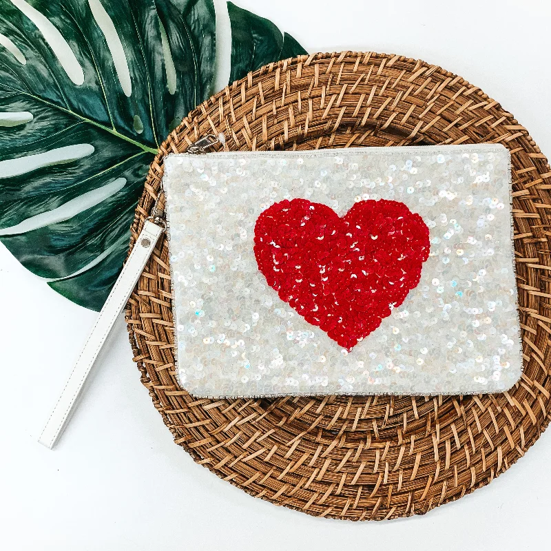 Sequin Red Heart Clutch in White