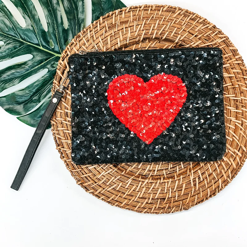 Sequin Red Heart Clutch in Black