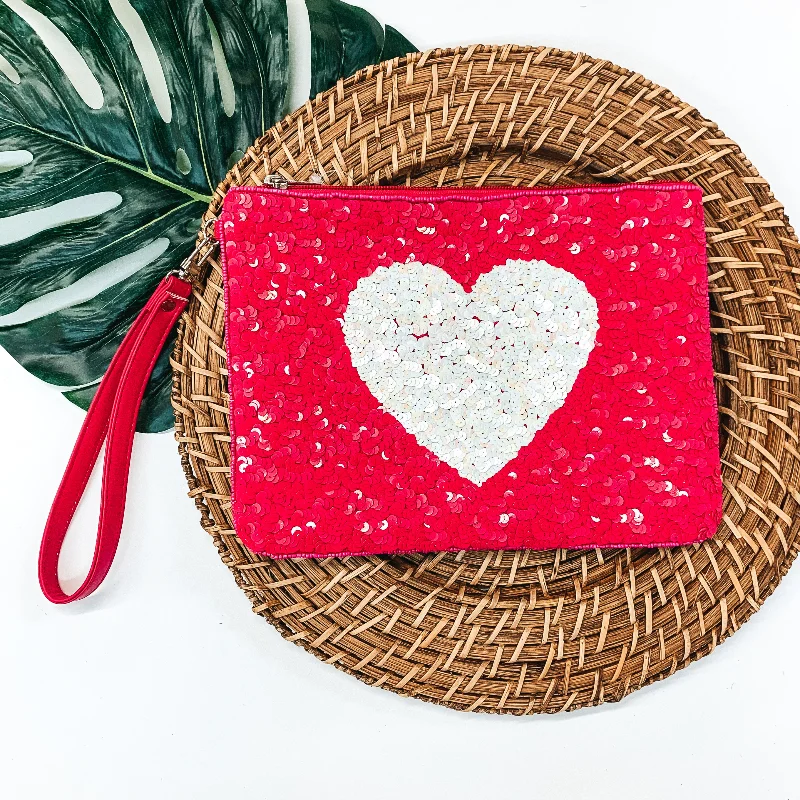 Sequin White Heart Clutch in Fuchsia