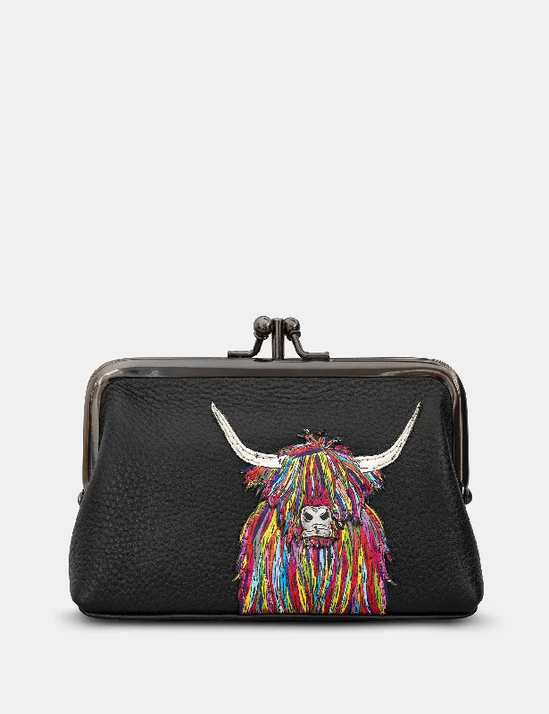 Highland Cow Black Leather Aubrey Frame Purse