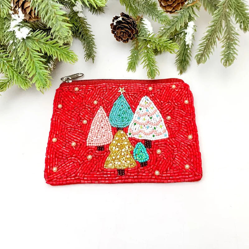 Beaded Coin Purse With Christmas Trees in Red