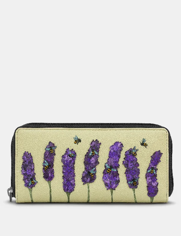 Lavender Bees Black Leather Zip Round Purse