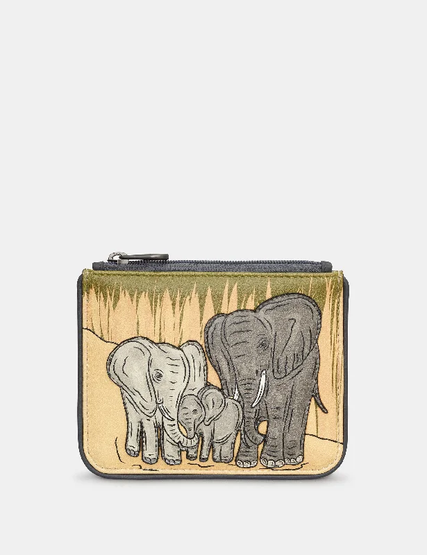 Elephant Family Zip Top Leather Purse