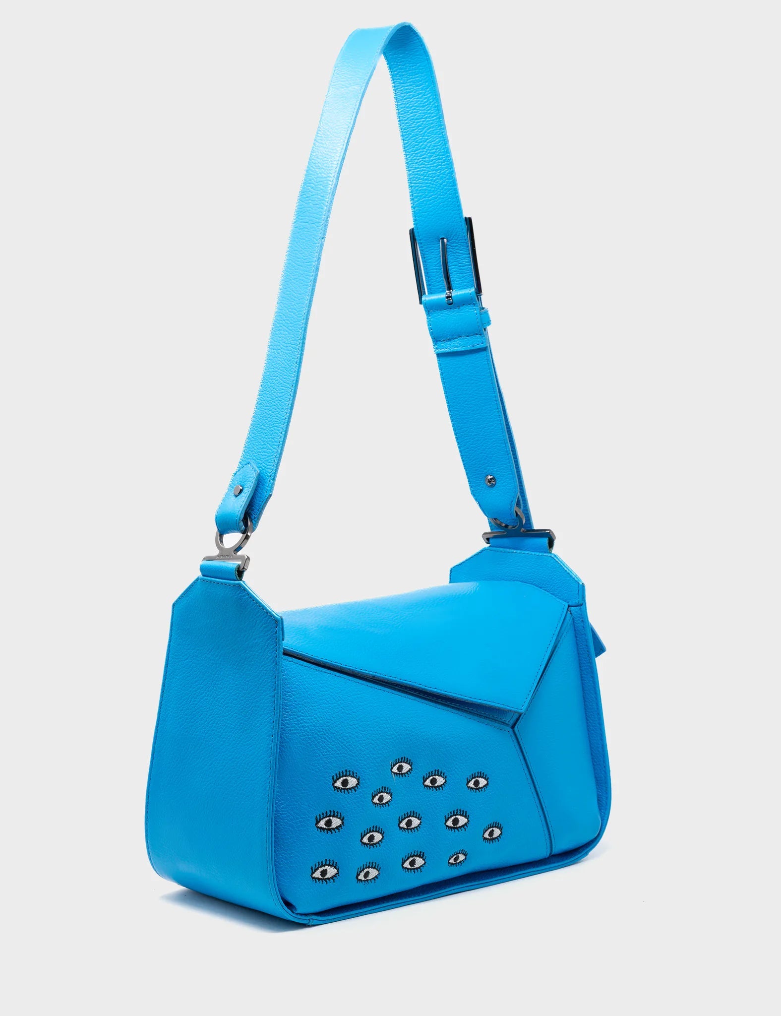 Houston Blue Leather Shoulder Bag - Eyes Embroidery