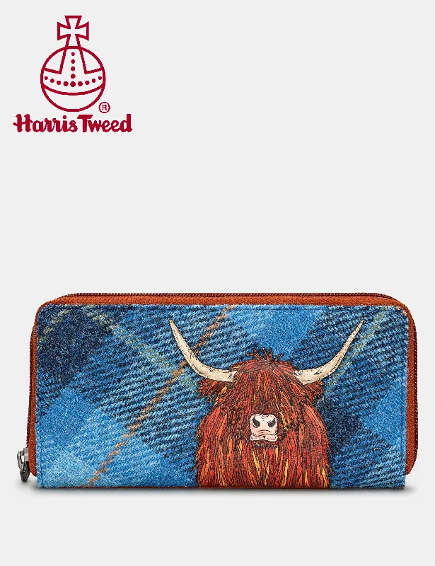 Highland Cow Harris Tweed & Leather Zip Round Purse