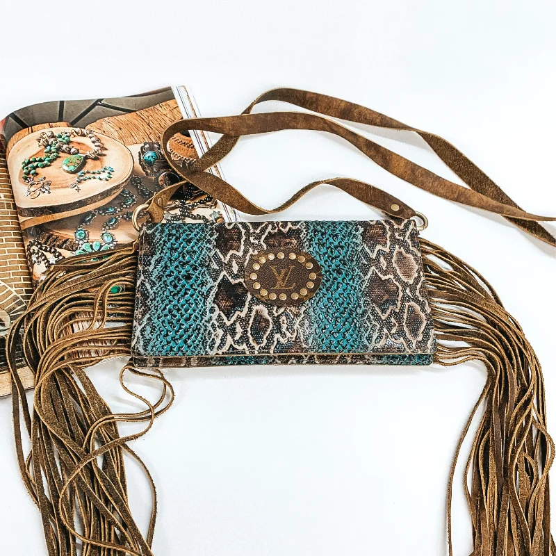 Keep It Gypsy | Rectangle Turquoise Snake Print Purse in Genuine Leather with Leather Fringe