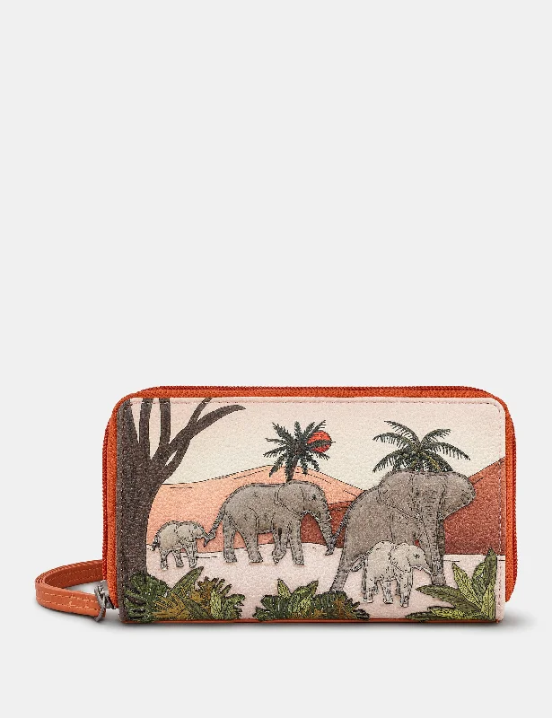 Elephant Parade Zip Around Rust Leather Purse With Wrist Strap