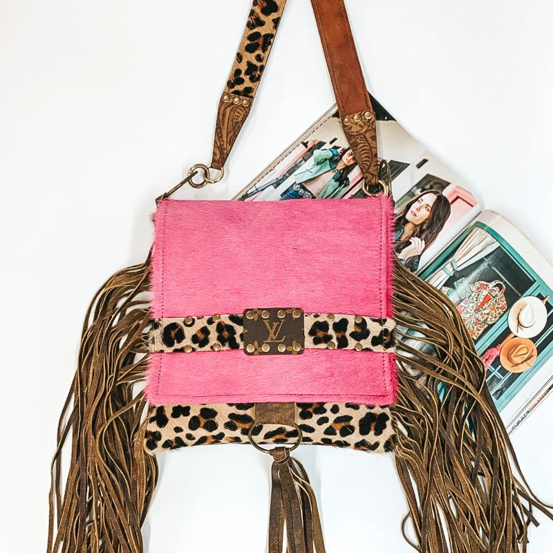 Keep It Gypsy | Leopard Print and Pink Cowhide Purse with Genuine Leather Fringe